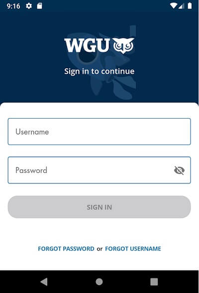 WGU Student mobile app login page